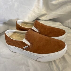 Vans Suede Slip-On Platform Sneakers in Rust Brown and White